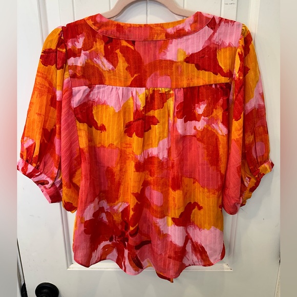 Rose + Olive Floral Balloon Sleeve Tie Front Blouse Orange Pink XS - Picture 6 of 6